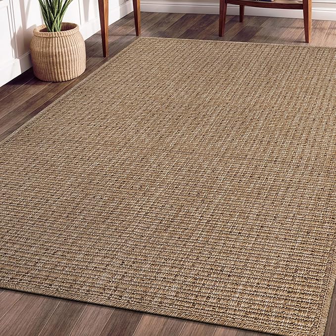 Beverly Rug Easy Jute Natural Rug 6x9 Solid Washable Durable Outdoor Indoor Area Rugs for Living Dining Room Patio Office Stain Resistant Non Shedding Casual Indoor Outside Carpet (6 x 9 Natural)