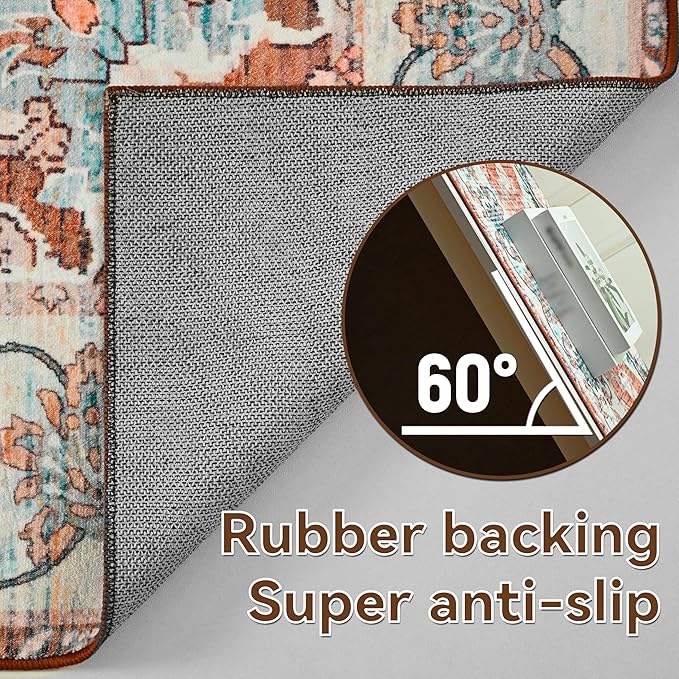 YJ.GWL Area Rugs for Living Room 8x10 Machine Washable Rugs, Non Slip Floral Vintage Rug Indoor Carpet, Stain Resistant Large Rug for Bedroom Dining Room, Copper Tan