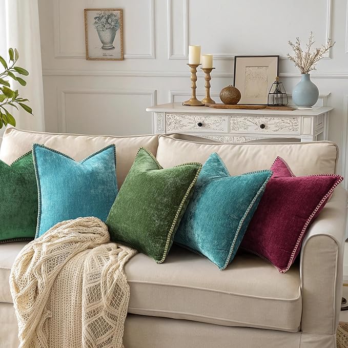 decorUhome Chenille Soft Cozy Throw Pillow Covers 20x20 Set of 2, Modern Farmhouse Boho Velvet Decorative Pillow Cases with Stitched Edge for Couch Sofa Bed Home Decor, Forest Green