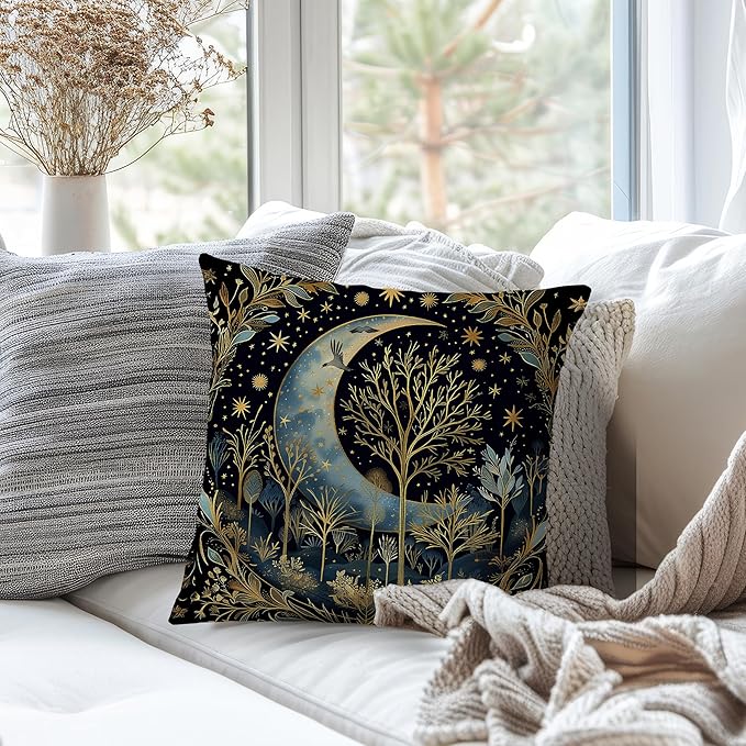 Vintage Dark William Morris Night Moon Forest Decor Pillow Covers 18x18,Black Forest Decor,Dark Dcademia Decorative Throw Pillow Covers for Home Bedroom Living Room