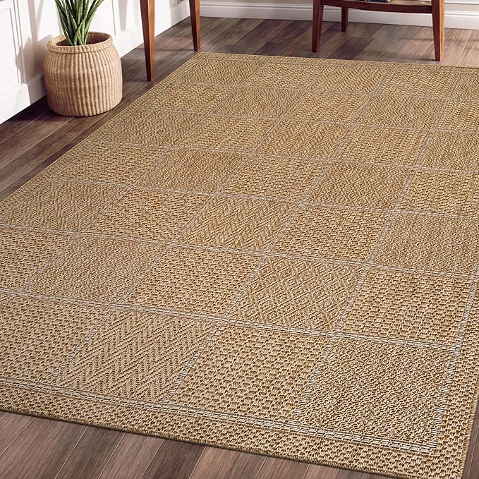 Beverly Rug Easy Jute Checkered Squared Rug 9x12 Washable Large Indoor Outdoor Area Rugs for Living Dining Room Patio Office Stain Resistant Non Shedding Casual Indoor Outside Carpet 9 x 12 Natural