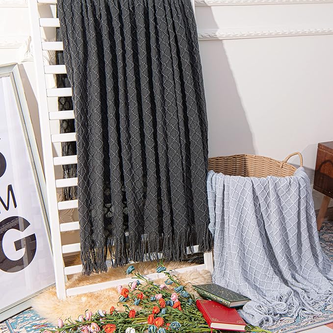 NTBAY Acrylic Knitted Oversized 60x80 Twin Throw Blanket, Lightweight and Soft Cozy Decorative Woven Blanket with Tassels for Travel, Couch, Bed, Sofa, 60x80 Inches, Dark Grey Checkered