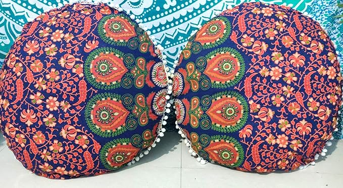 CRAFT KALA Mandala Floor Pillow Cushion Cover Seating Throw Cover Hippie Decorative Bohemian Ottoman Poufs Pom Pom Pillow Cases Indian Cotton Living Room Home Décor 24" Round Set of 2, Multi Peacock