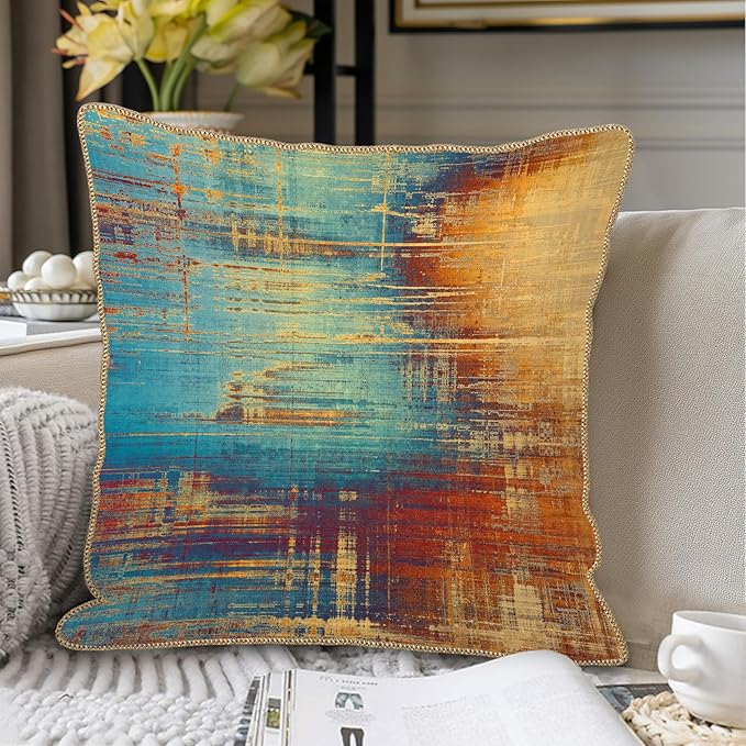 KSLIDS Vintage Abstract Soft Velvet Throw Pillow Covers Set of 2 Blue Orange Messy Rust Painting Decorative Pillow Covers 16x16 Inch Colorful Art Pillow Case for Sofa Couch Living Room Home Decor
