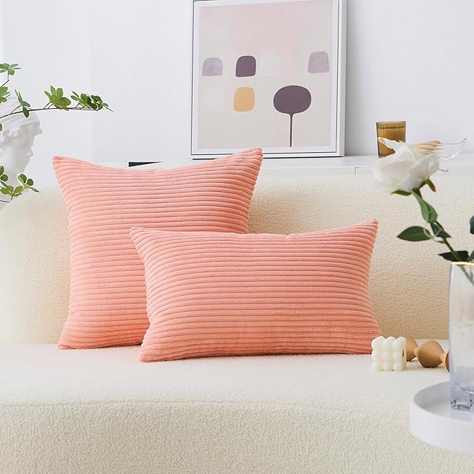 Home Brilliant Pink Pillow Covers 18x18 Set of 2 Decorative Throw Pillows Striped Velvet Corduroy Pillow Covers Set for Couch, 18 x 18 inch, Coral