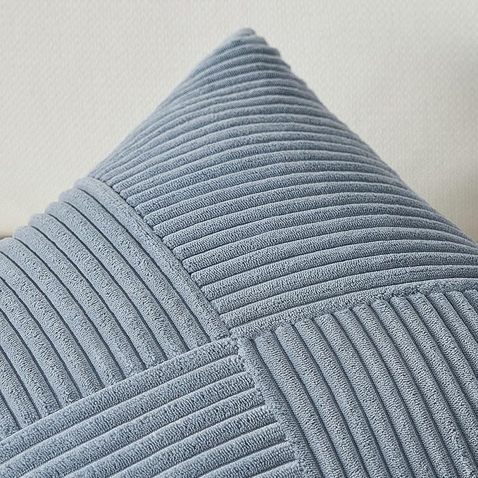 Topfinel Dusty Blue Throw Pillow Covers 18x18 Set of 2, Soft Corduroy Couch Decorative Pillow Covers Windmill Textured Striped Patchwork Cushion Cover for Bedroom Living Room Boho Home Decor