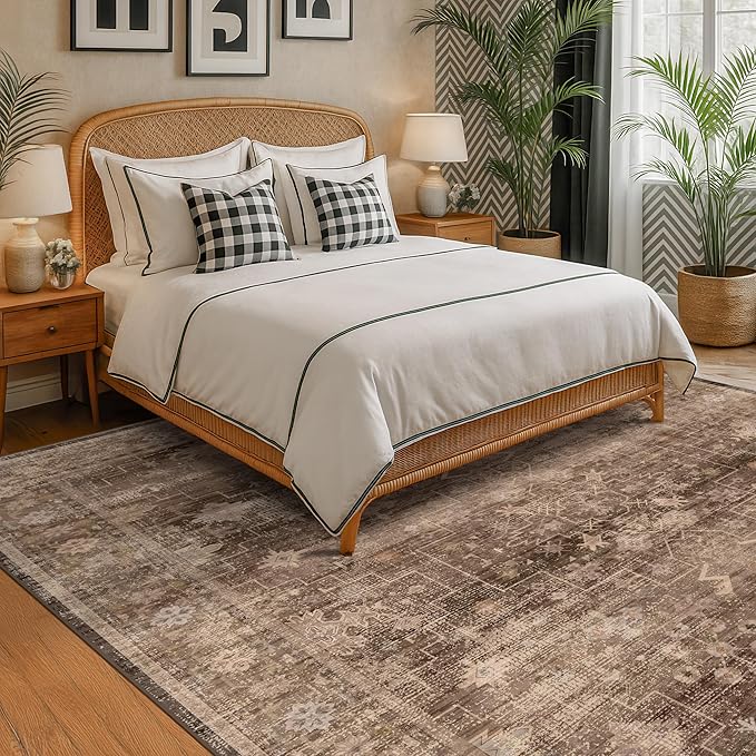 Boho Brown Living Room Rug 7x9 - Vintage Traditional Eclectic Oriental Neutral Taupe, Washable Low Pile Non-Slip Extra Large Area Rugs for Dining Under Table Bedroom Lounge