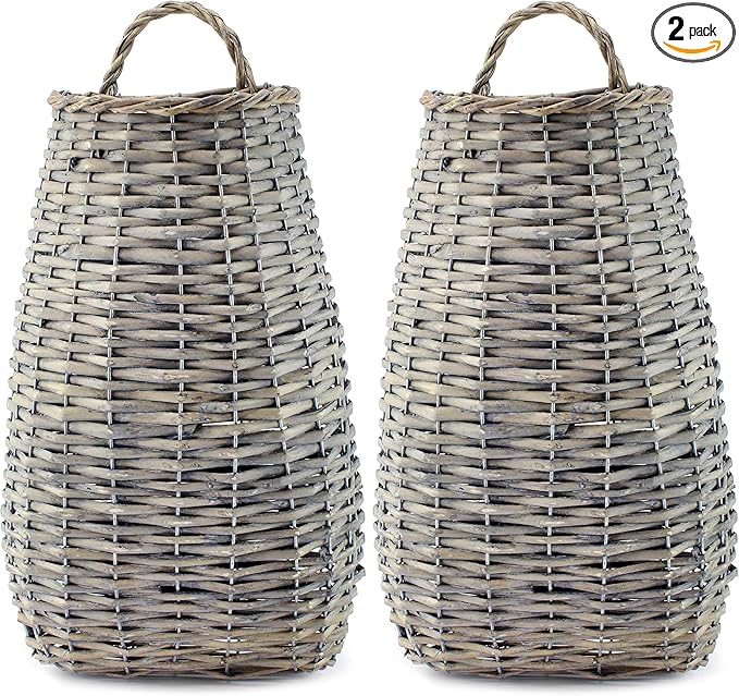AuldHome Design Wall Hanging Pocket Basket; Woven Wicker Rustic Farmhouse Gray Washed Long Basket; 17 x 9 x 5 Inches (Pack of 2)