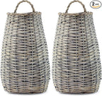 AuldHome Design Wall Hanging Pocket Basket; Woven Wicker Rustic Farmhouse Gray Washed Long Basket; 17 x 9 x 5 Inches (Pack of 2)