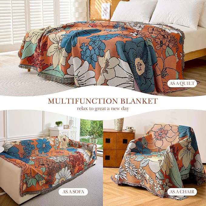VVANJOROY Boho Throw Blanket for Couch Cover, 100% Handwoven Cotton Southwestern Farmhouse Floral Decor Reversible Blanket, All Season Throw for Sofa Bed Tapestry Outdoor Camping Picnic. 51″×71″