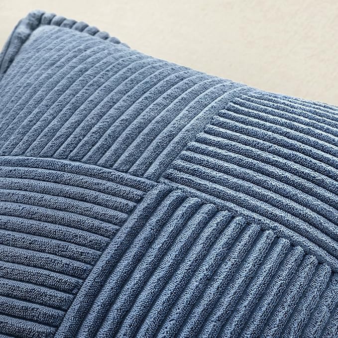 MIULEE Decorative Euro Sham Throw Pillow Covers for Couch Bed Livingroom 22x22 Inch Set of 2 Blue Boho Accent Throw Pllows Broadside Striped Patchwork Soft Corduroy Summer Coastal Pillowcases