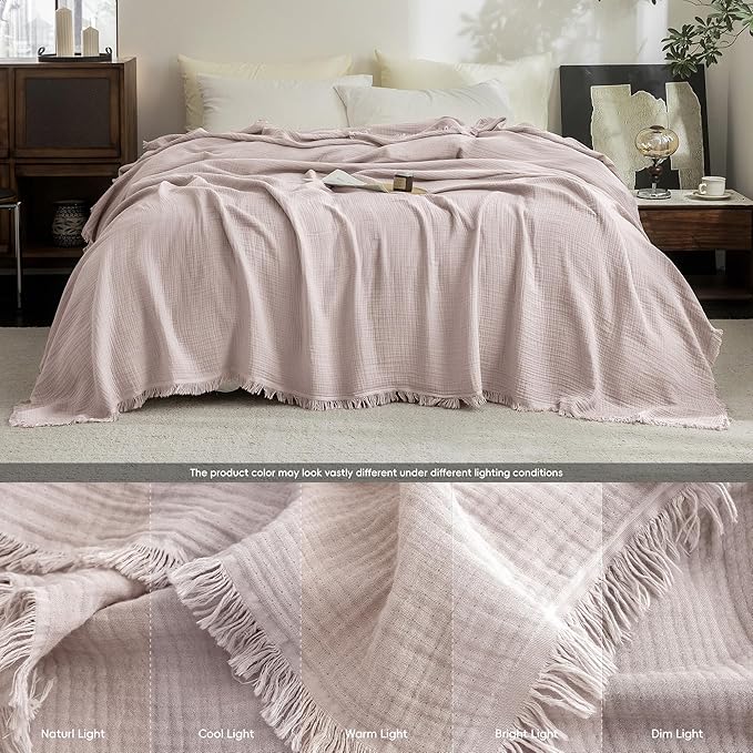 FOSSA Muslin Blanket with Fringe - 4-Layer 100% Cotton Gauze Super Soft & Breathable Throw -Lightweight Decorative Cooling Blanket for Bed, Sofa, Office (Greyish Pink, Throw XL (50" × 70"))
