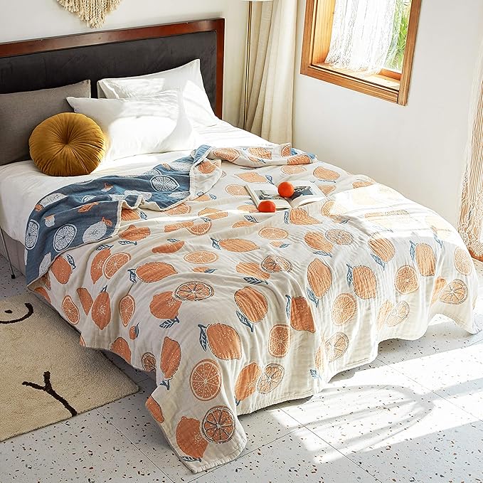 Scientific Sleep Lemon 100% Cotton Muslin Blanket Throw Cover for Bed Couch Sofa Cozy Soft Reversible Bedding Lightweight Warm Bedspread Quilt Coverlet Full Queen F/Q 80 in x 90 in