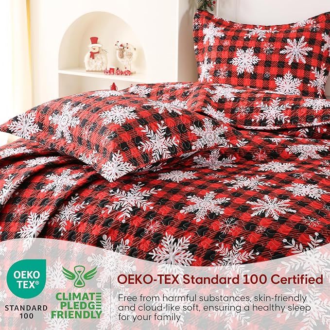 JSD Christmas Quilt Set Twin Size, Red Buffalo Plaid Snowflakes Bedspreads, 2 Piece Microfiber Coverlet Quilted Blanket with Pillow Shams