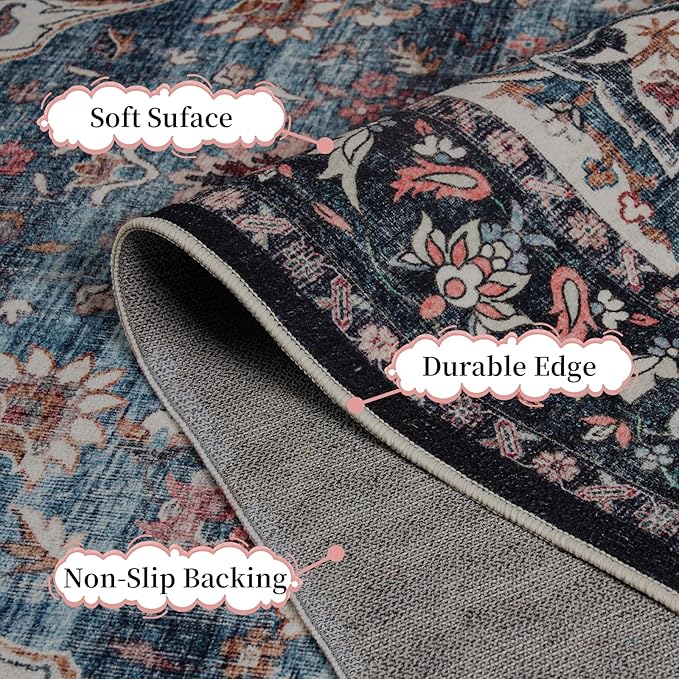 Amearea Vintage Design Navy Blue Area Rugs for Living Room, 4x6 Machine Washable Floral Collection Traditional Bedroom Rug, Low Pile Dinning Room Carpet, No Slip Office Kitchen Home Decor, Navy Blue