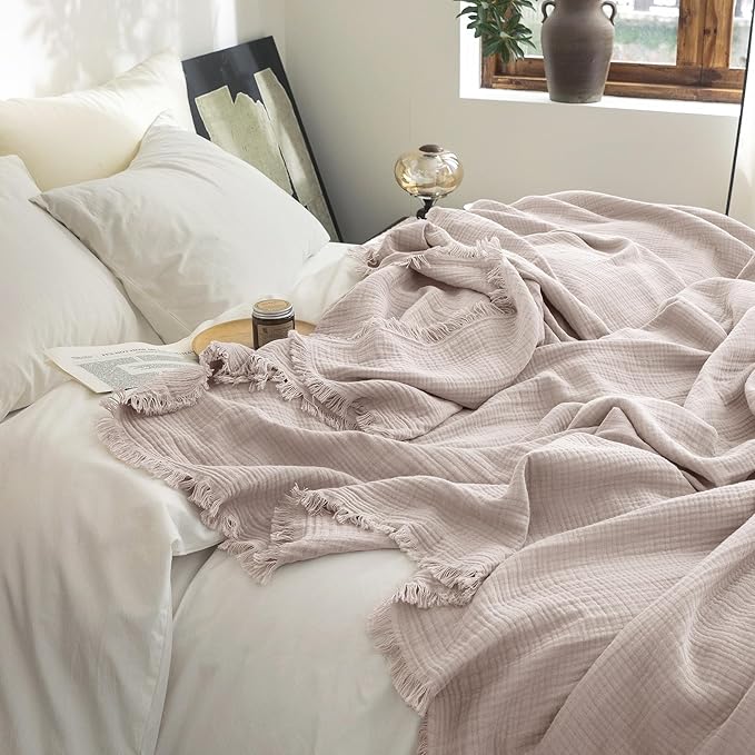 FOSSA Muslin Blanket with Fringe - 4-Layer 100% Cotton Gauze Super Soft & Breathable Throw -Lightweight Decorative Cooling Blanket for Bed, Sofa, Office (Greyish Pink, Twin XL (66" × 90"))