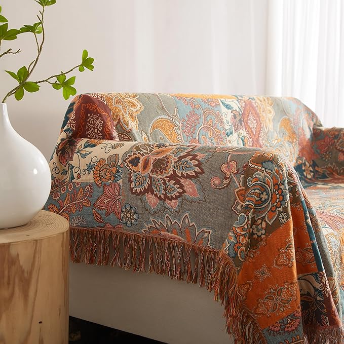 Boho Throw Blanket for Bed 90”x108”, 100% Cotton Woven Blanket for Couch Sofa, Ultra Soft 4-Layer Muslin Quilt with Patchwork Floral Printed, Farmhouse Bed Blanket/Cover for Living Room Decor