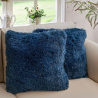 Cheer Collection Throw Pillows for Couch and Bed, Soft Shaggy Throw Pillows with Inserts Included, Cozy Long Hair Faux Fur Pillows - Set of 2-18" x 18" - Navy Blue