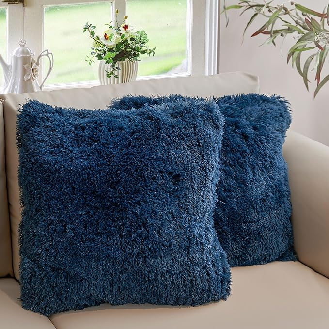 Cheer Collection Throw Pillows for Couch and Bed, Soft Shaggy Throw Pillows with Inserts Included, Cozy Long Hair Faux Fur Pillows - Set of 2-20" x 20" - Navy Blue