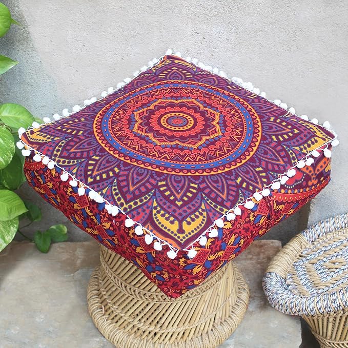 CRAFT KALA Large Hippie Mandala Meditation Floor Ottoman Pillow Cushion Pouf Cover Square Poufs Bohemian Circle Floor Cushion Case Outdoor Fireplace Yoga Living Room Decor Cover New Orange, 24" Square