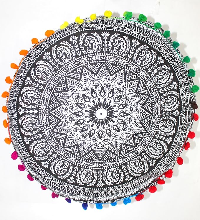 CRAFT KALA Black Elephant Flower Large Hippie Mandala Meditation Floor Ottoman Pillow Cushion Pouf Cover Square Poufs Bohemian Floor Cushion Case Outdoor Fireplace Living Room Decor Cover 24" Round