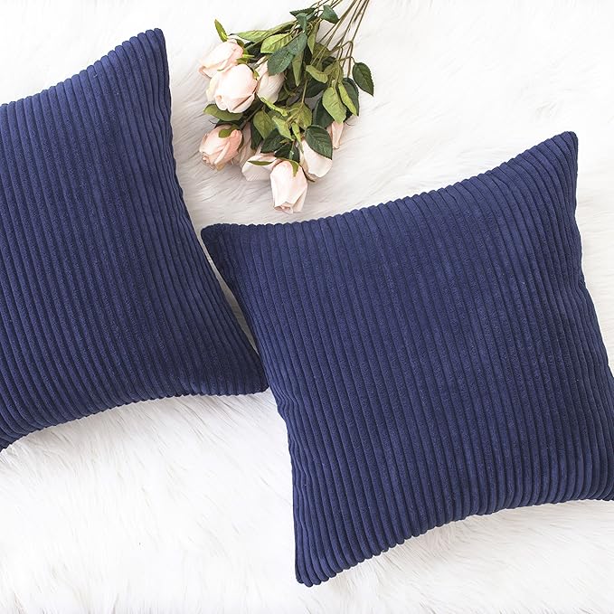 Home Brilliant 2 Packs Corduroy Pillows Cover 22x22 Throw Pillow Covers for Couch Striped Velvet Pillowcases, 55cm x 55cm, 22 x 22 Inch, Navy Blue