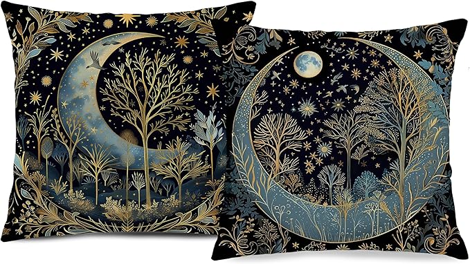 Vintage Dark William Morris Moon Night Forest Decor Pillow Covers 18x18 Set of 2,Black Forest Decor,Dark Dcademia Floral Decorative Throw Pillow Covers for Home Bedroom Living Room