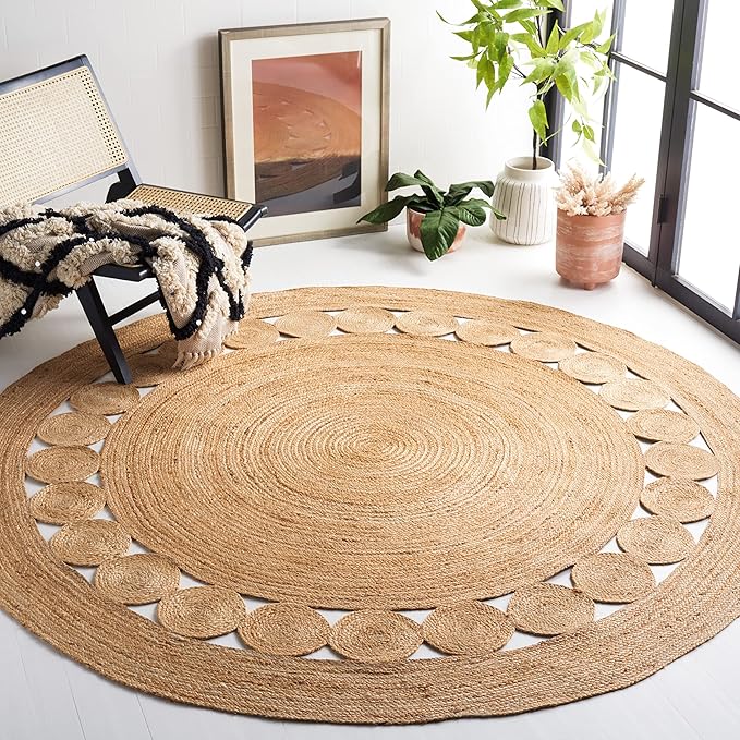 SAFAVIEH Natural Fiber Collection Area Rug - 6'6" Round, Natural Brown, Handmade Jute, Boho Farmhouse Braided Design (NF364A)