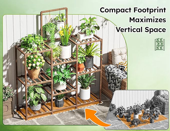 EnHomee Plant Stand, 8 Tiers Indoor Plant Stand for Multiple Plants Pot, Wood Plants Shelves for Living Room, Patio, Balcony, Yard, Garden, 34.3" W x 11.8" D x 47.2" H