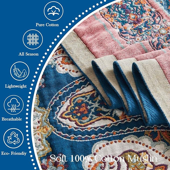 Boho Throw Blanket 100% Cotton Muslin Woven Blanket Bohemian Bed Throws Vintage Rustic Farmhouse Decor Reversible Bed Blanket Quilt for All Seasons（Blue 60"x80"）