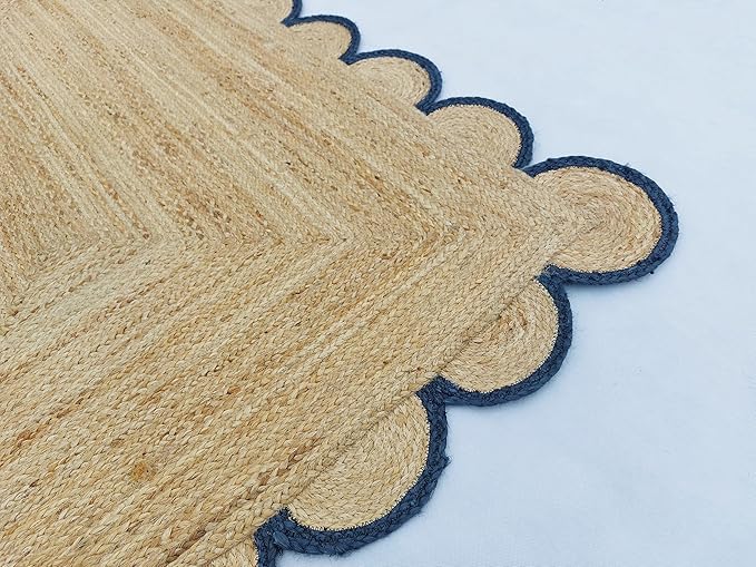 Scalloped Natural Jute Area Rug, Navy Trim, 5'x7'