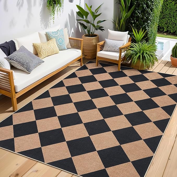 GarveeHome Easy Jute 8x10 Area Rugs for Living Room Checkered Rugs Machine Washable Non-Slip Backing Indoor Outdoor Carpets for Farmhouse Dining Room Nursery Patio Black Tan