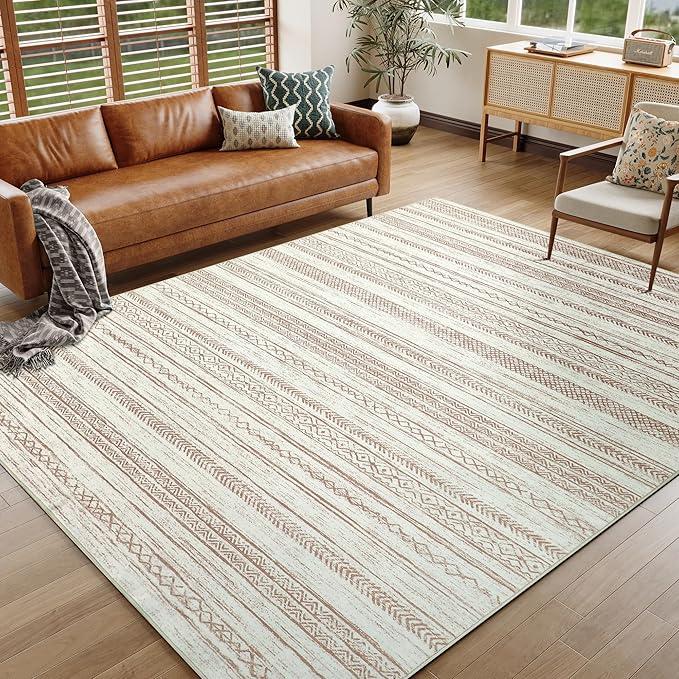 Boho Area Rug 6x9 Beige Living Room Large Office Modern Neutral Kitchen Taupe Washable Indoor Accent Low Pile Geometric Carpet Distressed Throw Rug Bedroom Dining Room