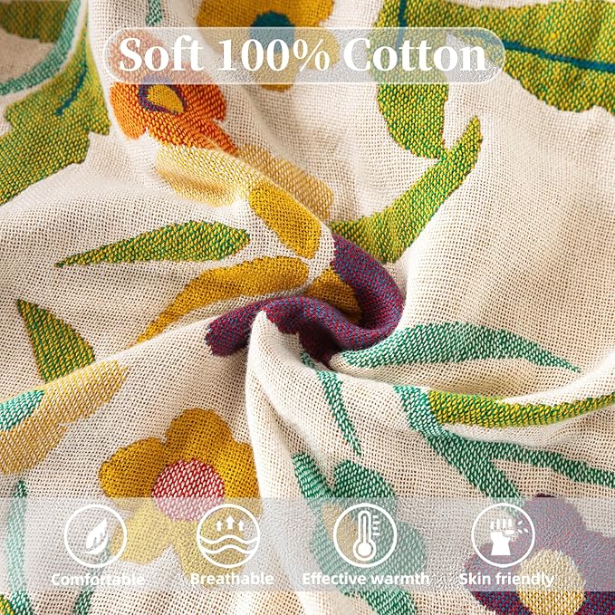 Boho Throw Blanket for Bed, 100% Pure Cotton Ultra Soft Rustic Quilt, Farmhouse Decor Bed Blankets, All Season Rustic Throw for Sofa Couch Chair(91"x 98", Boho Floral)
