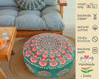 Turquoise Round Velvet Pouf Cover - Soft Embroidered Ottoman Slipcover with Moroccan Design, 24 Inch Diameter, Ideal for Living Room, Bedroom, or Meditation Space -Decorative Floow Pillow Cushion