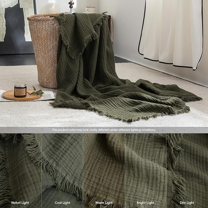 FOSSA Muslin Blanket with Fringe - 4-Layer 100% Cotton Gauze Super Soft & Breathable Throw -Lightweight Decorative Cooling Blanket for Bed, Sofa, Office -Super King Size 108" × 98" (Olive Green)