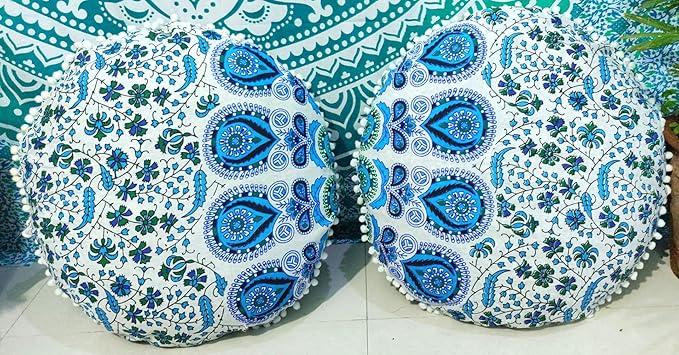 CRAFT KALA Mandala Floor Pillow Cushion Cover Seating Throw Cover Hippie Decorative Bohemian Ottoman Poufs Pom Pom Pillow Cases Indian Cotton Living Room Home Décor 24" Round Set Of 2, Sky Blue Mirchi