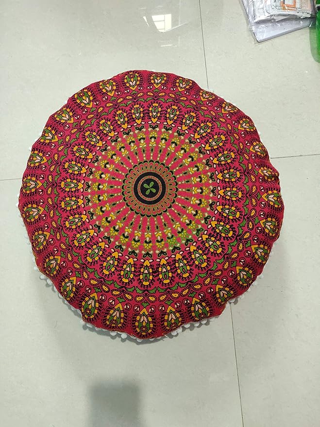 CRAFT KALA Mandala Floor Pillow Cushion Cover Seating Throw Cover Hippie Decorative Bohemian Ottoman Poufs Pom Pom Pillow Cases Boho Indian Cotton Living Room Yoga Home Décor (24" Round, Red Mirchi)