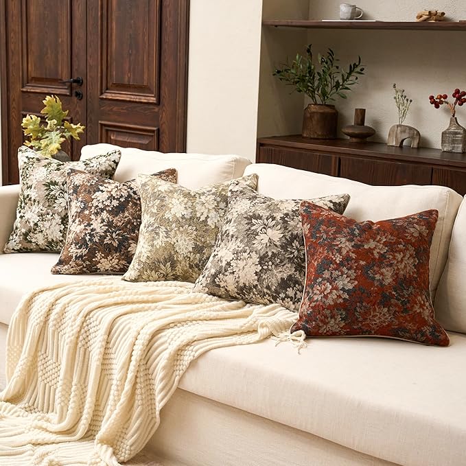 Yangest Neutral Floral Pillow Cover 20 x 20 Inches, Vintage Chenille Square Throw Pillow Cover Soft Decorative Farmhouse Accent Couch Pillow Cover for Living Room Bedroom, Coffee Brown