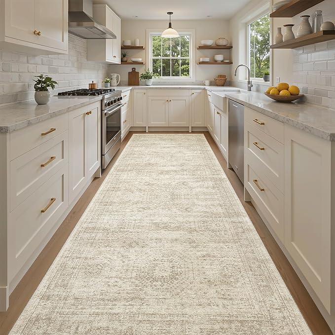 4x12 Wide Hallway Runners: Washable 12ft Runner Rug for Entryway Living Room Soft Vintage Non Slip Carpet Runner for Kitchen Dining Room Nursery Bedroom (Beige, 4x12ft)