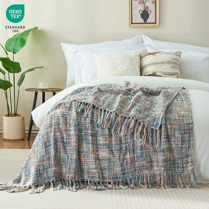 Multi-Color Pink Blue Cable Woven Throw Blanket for Couch,50"X60" Boho Style Textured Blankets for Home Decor,Super Soft Warm Cozy Chunky Blanket with Decorative Tassels for Bed
