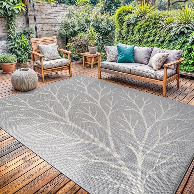 Washable Indoor Outdoor Rug 8x10 Modern Area Rugs Branch Pattern Non Shedding Waterproof Easy Clean Patio Deck Porch Living Room Bedroom Garden RV (8 X 10 Gray)