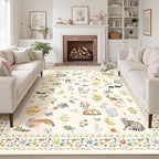 Cat 9x12 Area Rugs for Living Room, Machine Washable Animal Floral Vintage Rug Non-Slip Low Pile Soft Throw Large Rugs for Bedroom Dining Room Kitchen Nursery Playroom (9 x 12,Beige)