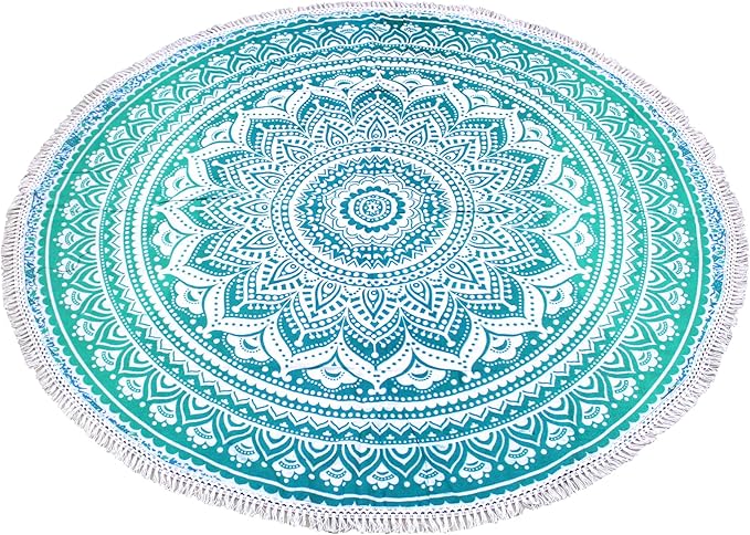 Round Beach Tapestry Turquoise Mandala Throw/Boho Hippie Beach Blanket Roundie/Indian Cotton Bohemian Large Round Table Cloth-Home Decor/Yoga Mat Meditation Picnic Rug (70", Green and White)
