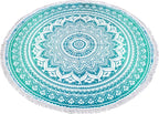 Round Beach Tapestry Turquoise Mandala Throw/Boho Hippie Beach Blanket Roundie/Indian Cotton Bohemian Large Round Table Cloth-Home Decor/Yoga Mat Meditation Picnic Rug (70", Green and White)