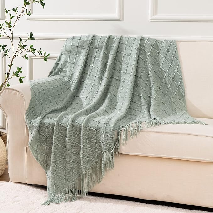BATTILO HOME Sage Green Throw Blanket for Couch, Boho Bed Throws Blanket, Spring Decorative Light Blue Throw Blanket for Sofa Living Room, 52"x80"