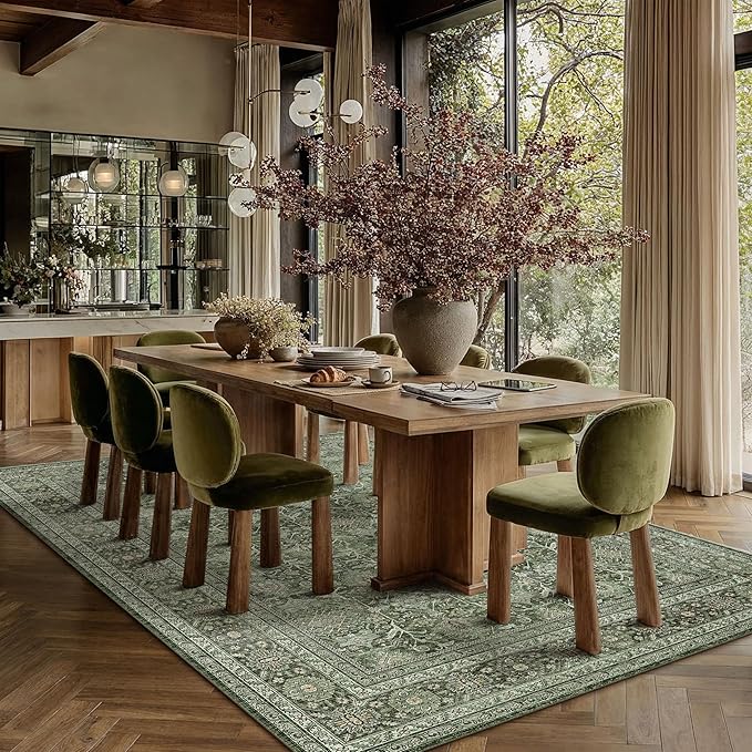 Area Rug 9x12 Green Washable Living Room Carpet Soft Non Slip Vintage Bedroom Indoor Office Traditional Retro Distressed Large Throw Rug for Dining Room Playroom
