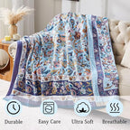 Boho Blanket Soft Muslin BohoThrow Blanket, 100% Cotton Floral Printed Farmhouse Decor All Season Reversible Rustic Throw for Sofa Couch Chair (Light Purple, 50"x60")