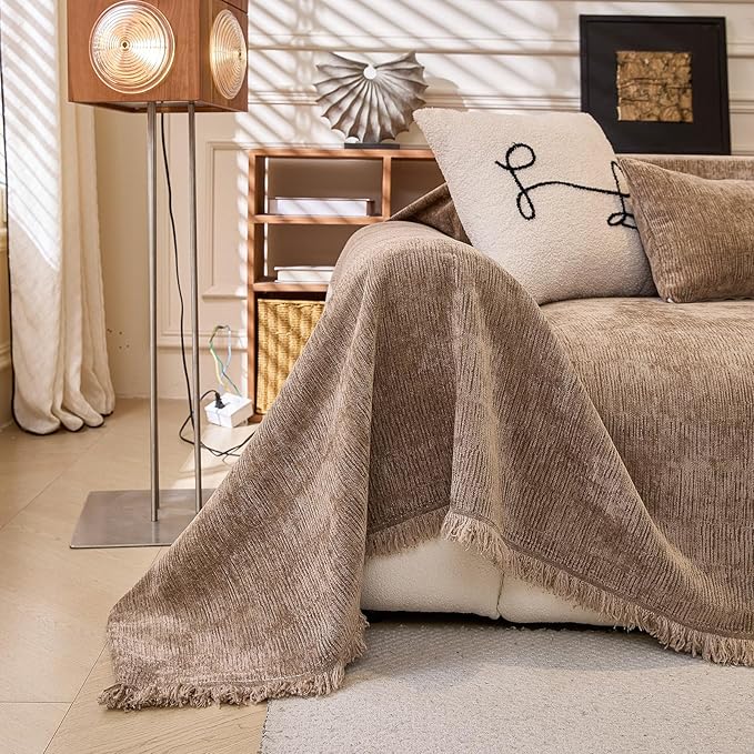 ROOMLIFE Couch Cover Sofa, Boho Chenille Couches Covers for 3 Cushion Sofas, Non Slip Soft Breathable Sofa Slipcovers for Pet, Washable Furniture Protector with Tassel,71''X134”