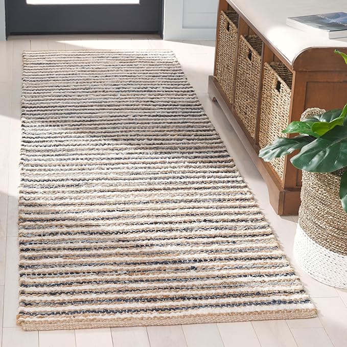 SAFAVIEH Cape Cod Collection Area Rug - 2'3" x 8' Runner, Natural/Navy, Geometric Design, Ideal for High Traffic Areas in Living Room, Bedroom, Dining (CAP151N)